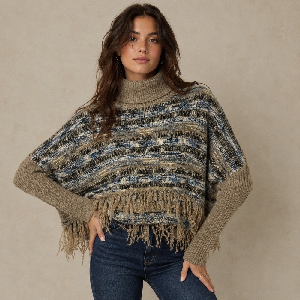 Oceanus Sweater Women Small Brown Boho Fringe Turtleneck Knit‎ Hippie Indie